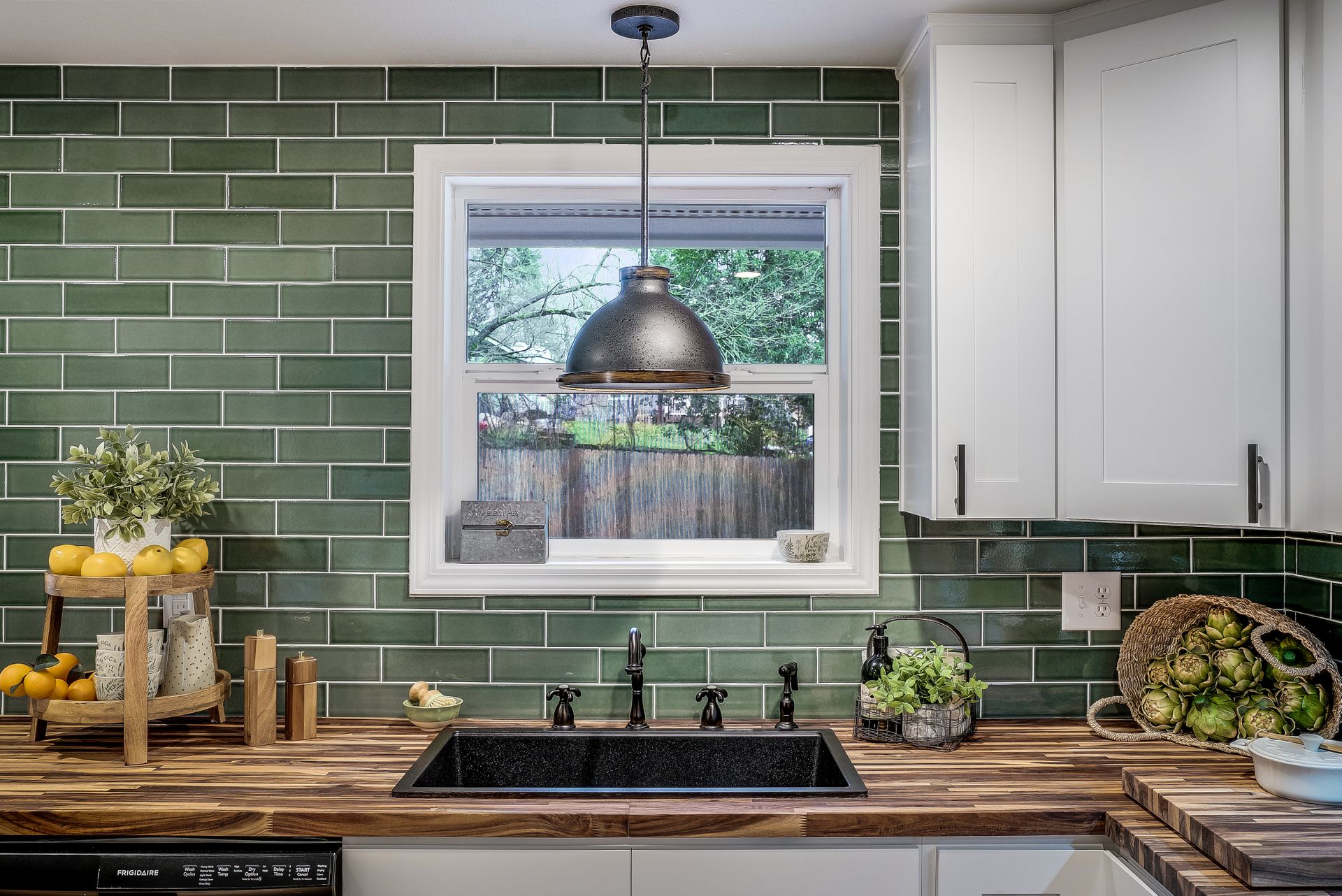 green kitchen sink and tile from professional kitchen contractors